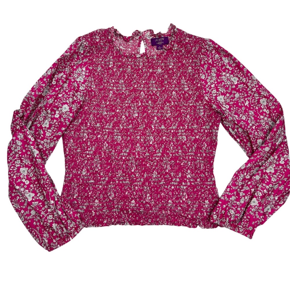 J.Crew Liberty Fabric Smocked Top Womens L Pink Floral Ruffle Long Sleeve - Picture 3 of 7